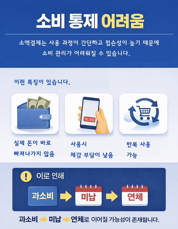 소액결제의 간편한 사용 구조로 인해 소비 통제가 어려워지고 과소비, 미납, 연체로 이어질 수 있는 흐름