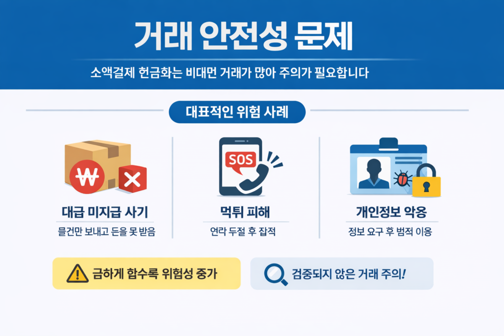 소액결제 현금화 과정에서 발생할 수 있는 거래 사기, 먹튀, 개인정보 악용 위험을 설명