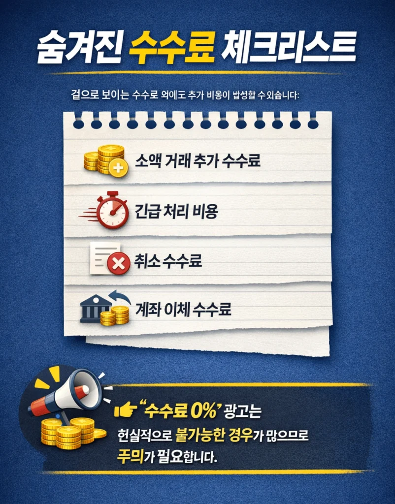 숨겨진 수수료 체크리스트 이미지로 소액 거래 추가 수수료, 긴급 처리 비용, 취소 수수료, 계좌 이체 수수료와 0% 수수료 광고 주의 내용을 설명하는 인포그래픽